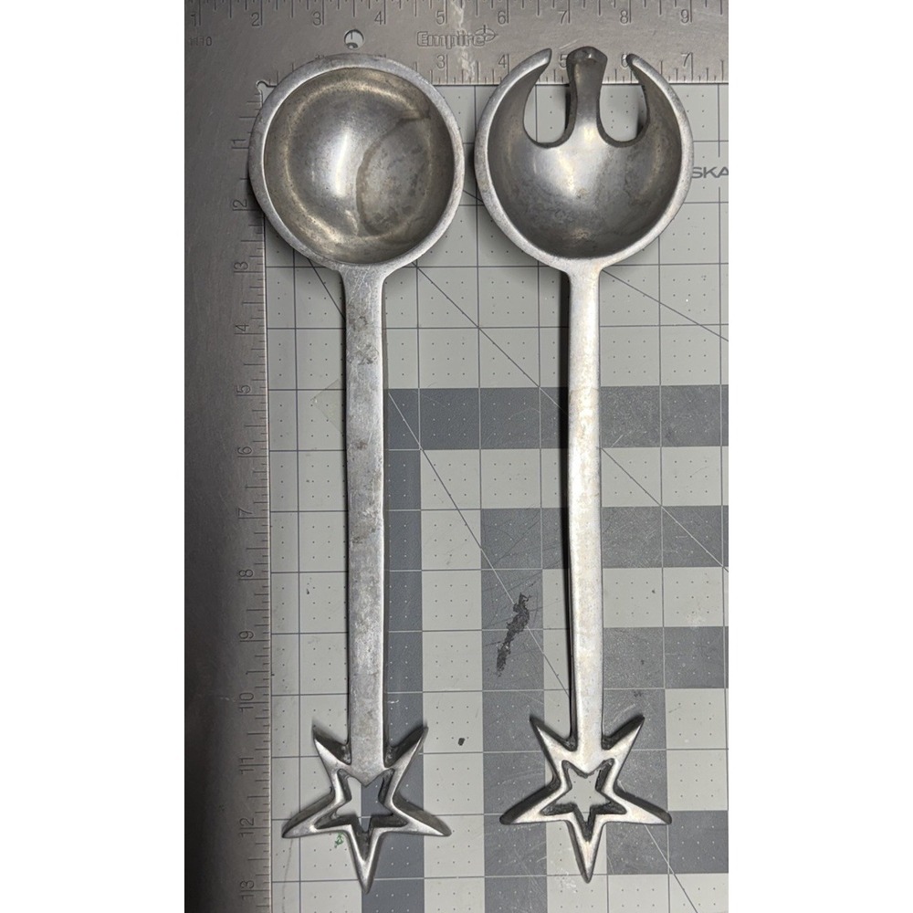 Vintage Salad Server Set Cast Aluminum Fork Spoon Star Tipped